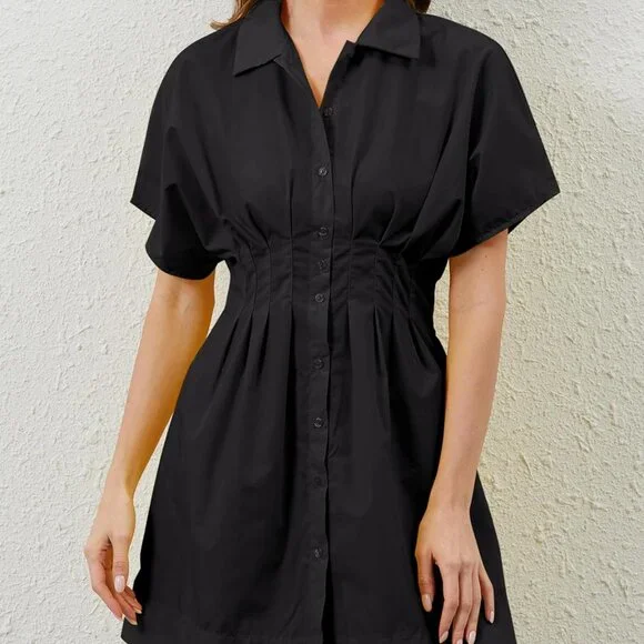 Women’s Cotton Pleated Button-Front Shirt Dress Mini Casual Summer - Picture 5 of 7
